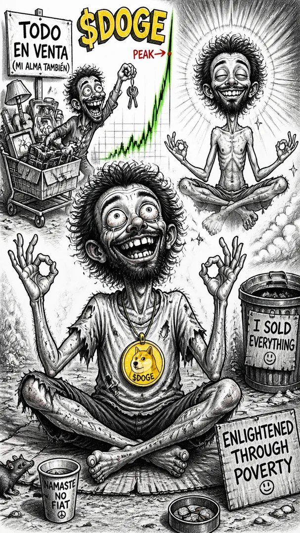 Man sells everything, buys $DOGE at peak, achieves 'enlightenment' through poverty